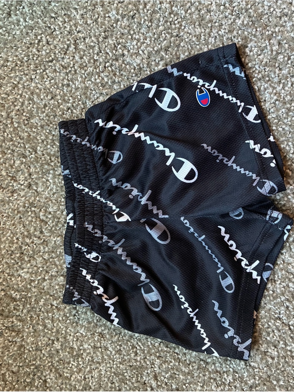 Champion Black Athletic Shorts with White Logo Print